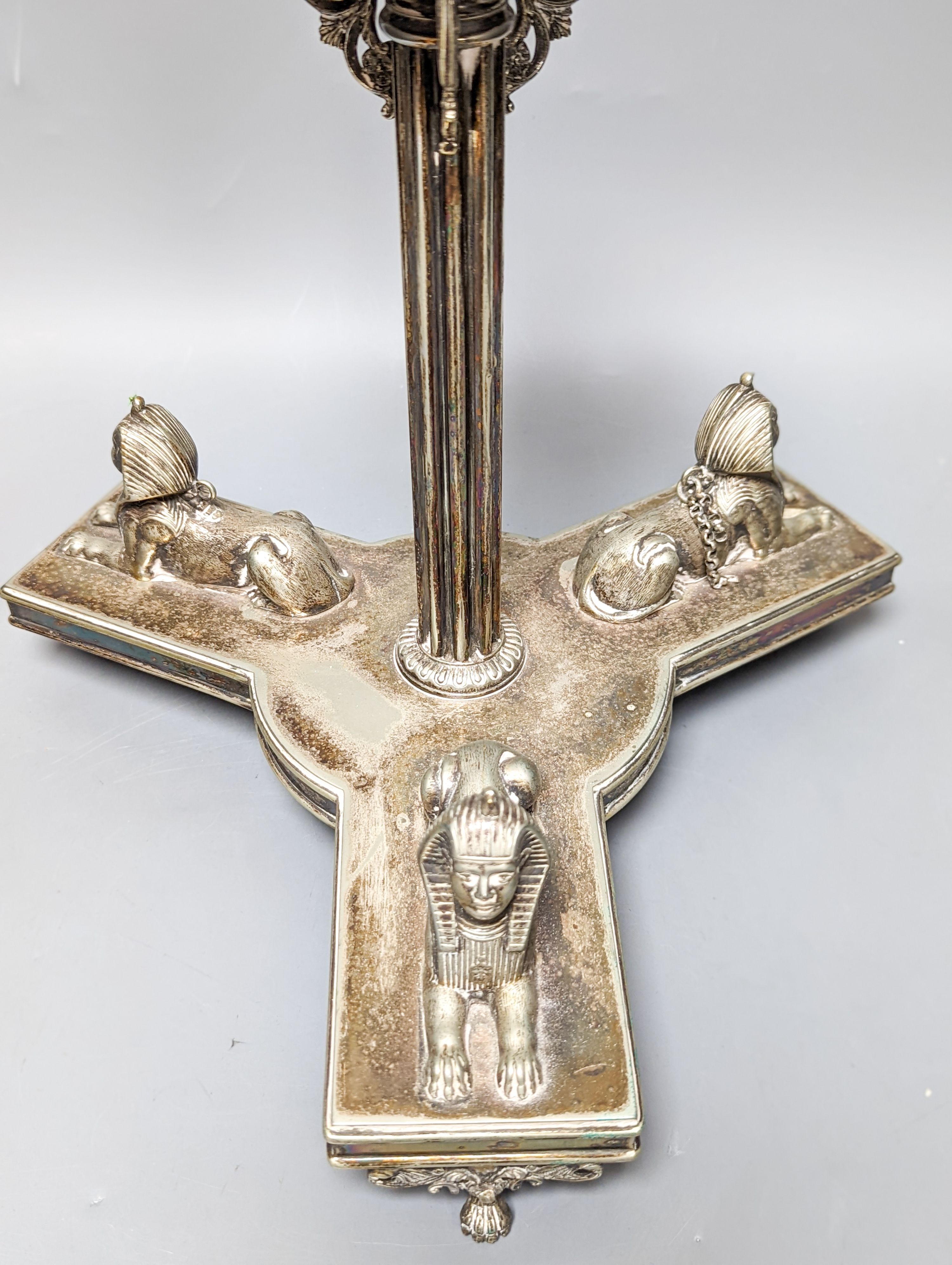 A Walker and Hall electroplate ‘Sphinx’ centrepiece 28cm